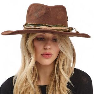Brown Vintage Inspired Distressed Fabric Band Rustic Western Fedora Hat